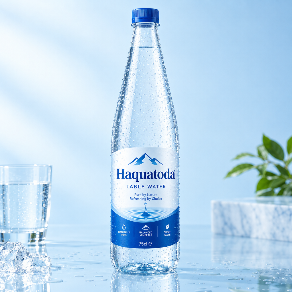 Chilled Haquatoda Table Water 75cl bottle on a blue reflective surface