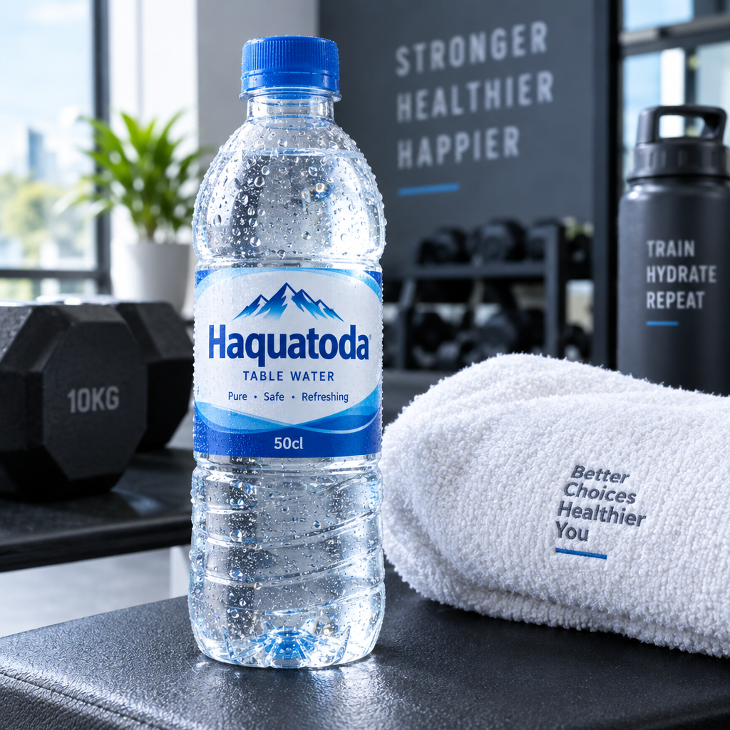 Haquatoda Table Water 50cl bottle in a clean fitness setting