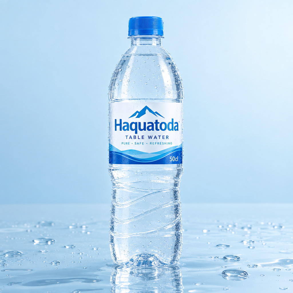 Chilled Haquatoda Table Water 50cl bottle on a blue reflective surface