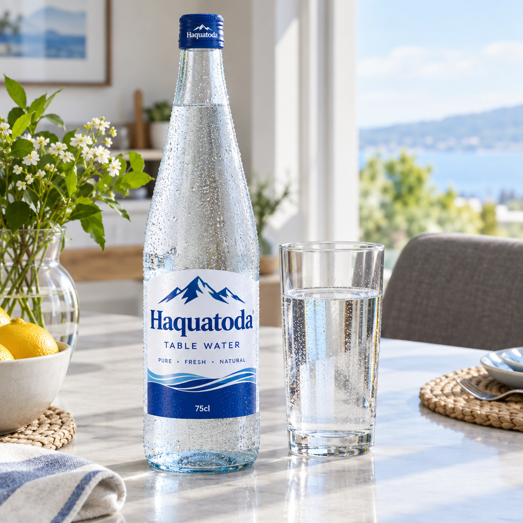 Haquatoda Table Water 75cl bottle and glass on a dining table