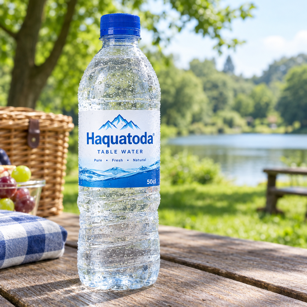 Chilled Haquatoda Table Water 50cl bottle outdoors in a park