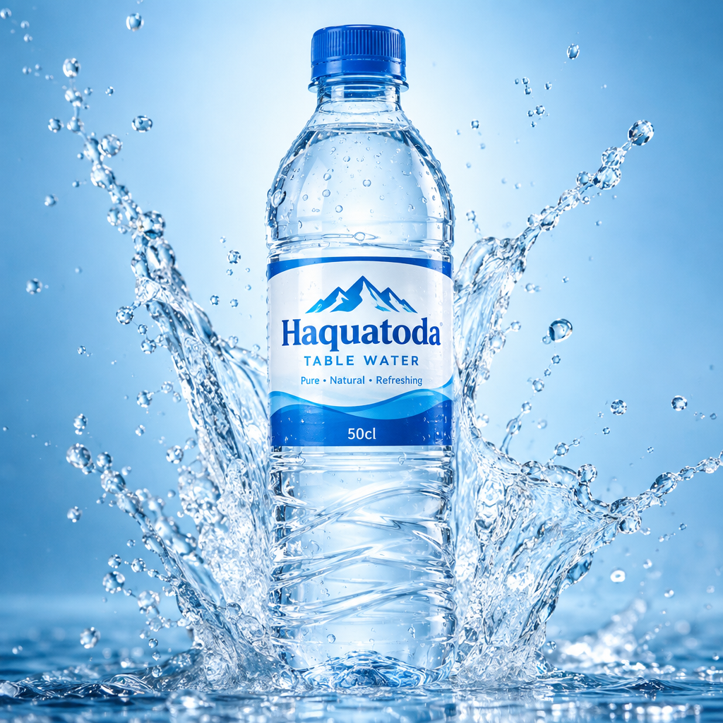 Haquatoda Table Water 50cl bottle surrounded by a clear water splash