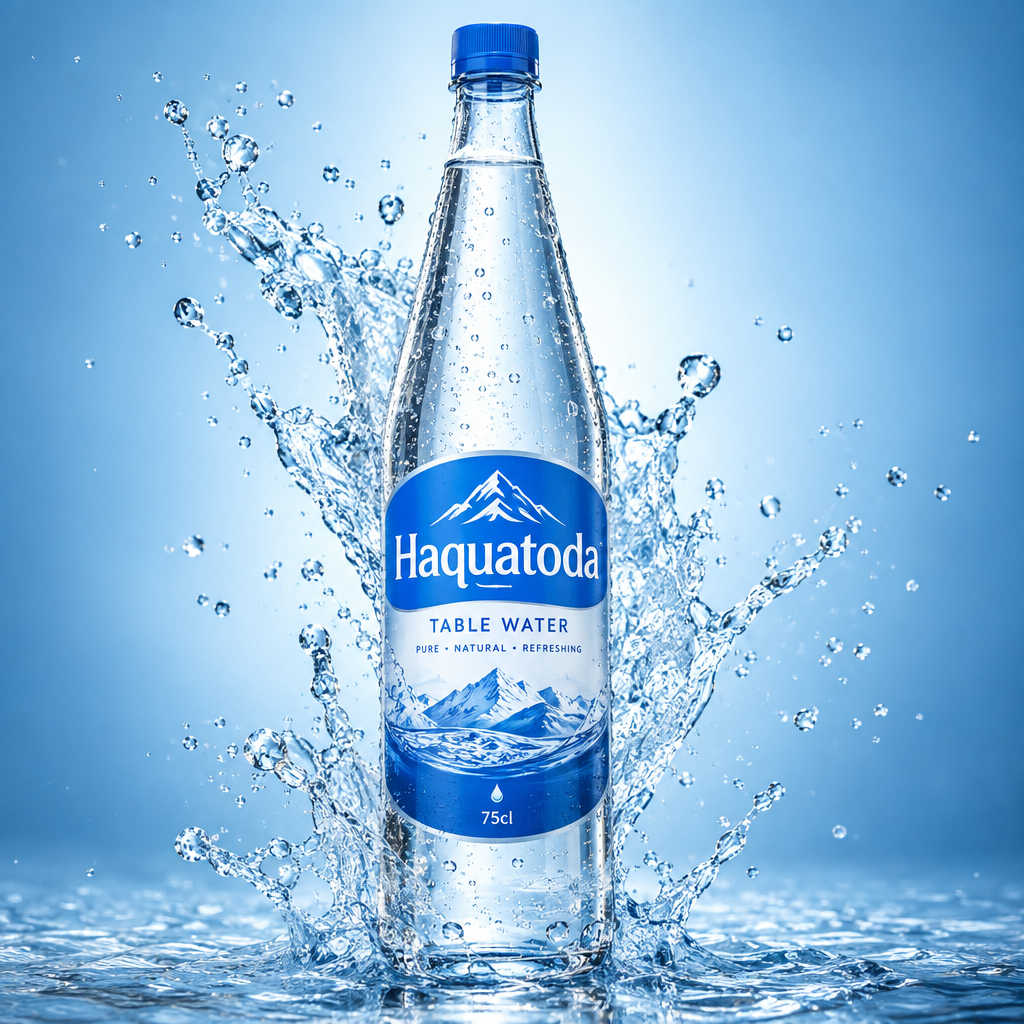 Haquatoda Table Water 75cl bottle surrounded by a clear water splash