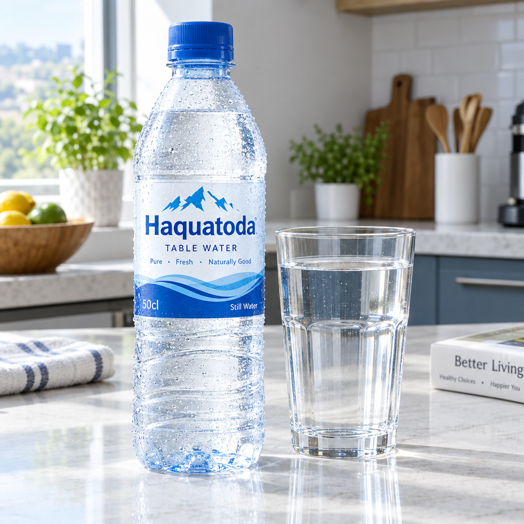 Haquatoda Table Water 50cl bottle and glass in a bright kitchen