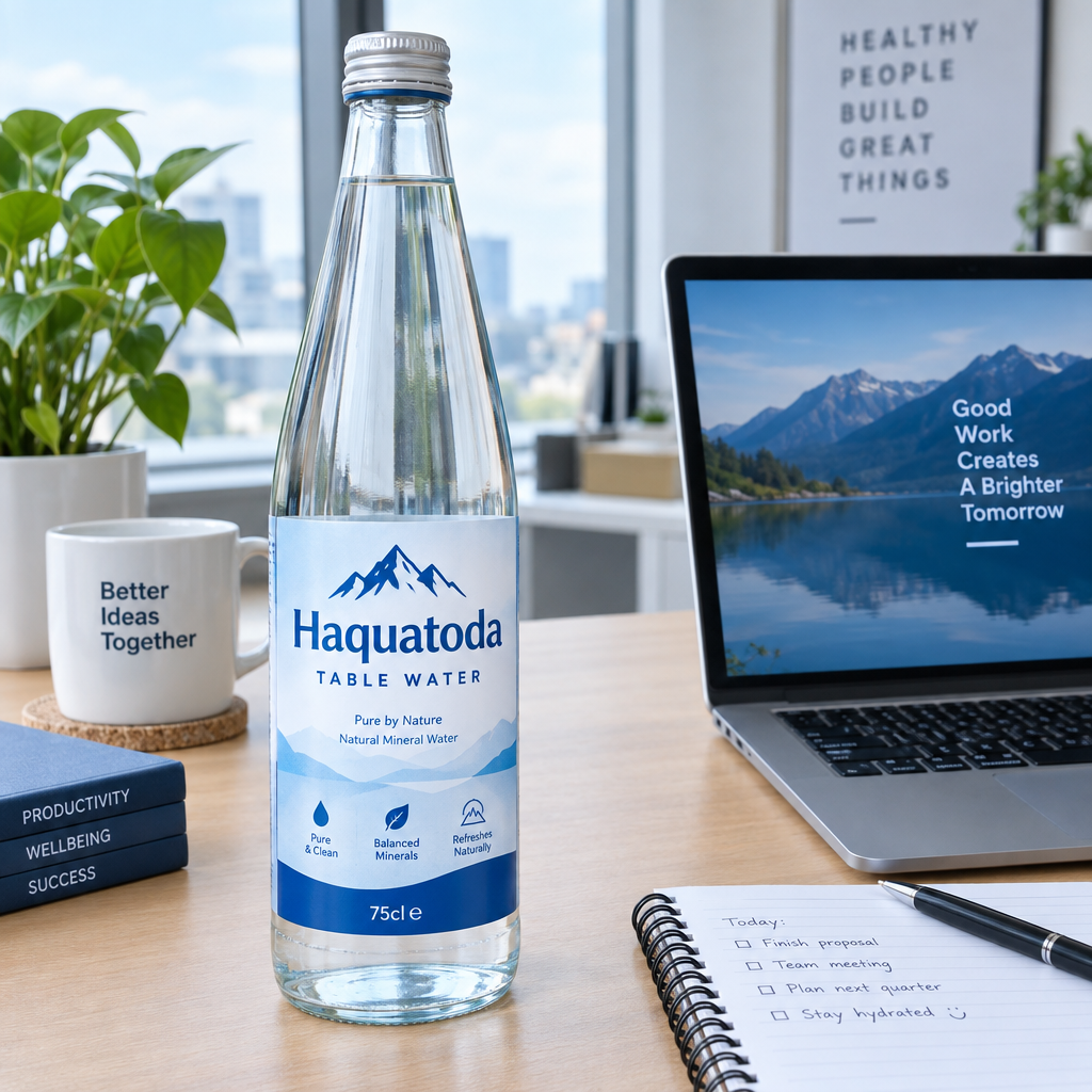 Haquatoda Table Water 75cl bottle beside a laptop and notebook