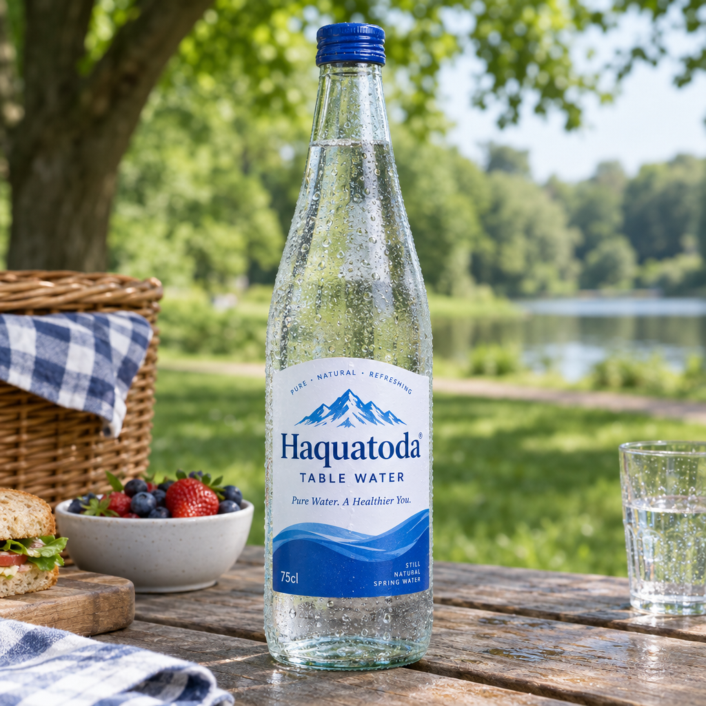 Chilled Haquatoda Table Water 75cl bottle outdoors in a park
